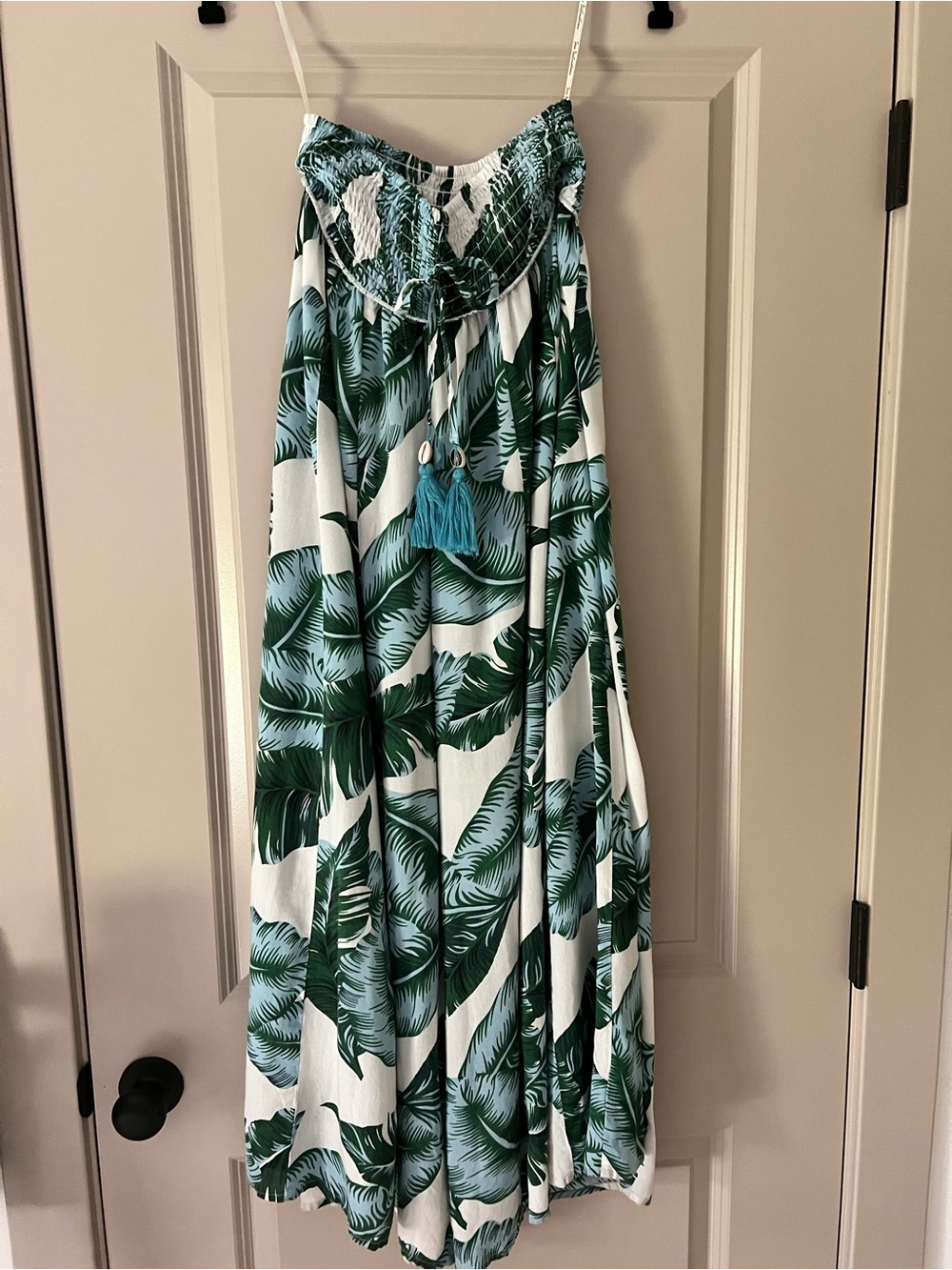 Tropical Leaf Smocked Wide Leg Trousers in Green and White